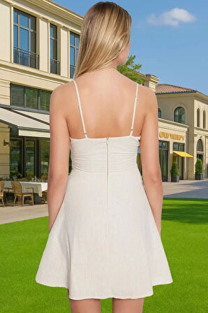 Rahat Yazlık Mini Elbise Pamuklu Keten Askılı V Yaka Bel Kuşağı Profesyonel Görünüm Mükemmel Uyum