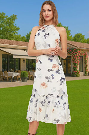 Halter Yaka Astarlı Dokuma Midi Elbise A Kesim Çiçek Desenli Şık Uzun Ömürlü Uzun Ömürlü Uzun Ömürlü