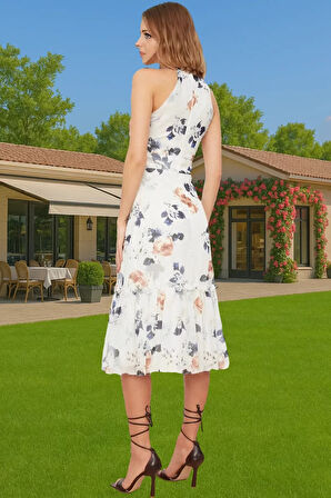 Halter Yaka Astarlı Dokuma Midi Elbise A Kesim Çiçek Desenli Şık Uzun Ömürlü Uzun Ömürlü Uzun Ömürlü