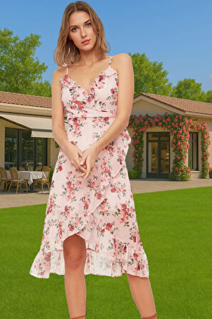 Yazlık Çiçekli Şifon Elbise Midi Boy Polyester Zarifane Tasarım Rahat Ve Şık Konforlu Kesim