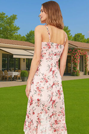 Yazlık Çiçekli Şifon Elbise Midi Boy Polyester Zarifane Tasarım Rahat Ve Şık Konforlu Kesim