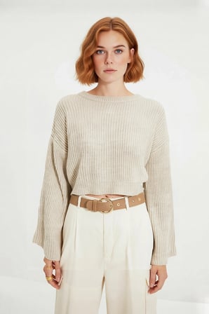 Kadın Gri Oversize Selanik Dokuma Bisiklet Yaka İspanyol Kol Crop Akrilik Triko Kazak Kaliteli