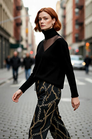 Kadın Şık Regular Kesim Akrilik Triko Kazak Choker Yaka Tül Detayıyla Gündüzden Geceye Zarafet