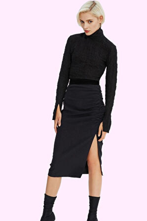 Yazlık Kadın Midi Etek; Kalem Yüksek Bel Finike Dokuma Günlük Kullanım Yaz Aylarının Vazgeçilmezi