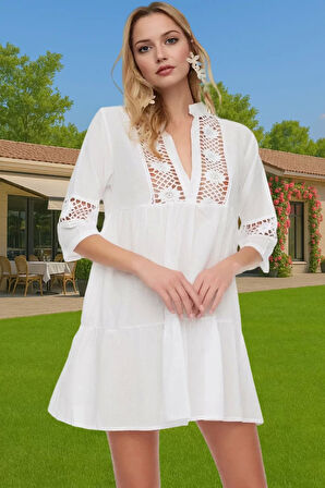 Pamuklu Dantelli V Yaka Mini Yazlık Plaj Elbisesi Kadın Zarifane Tasarım Modern Stil Yüksek Kalite