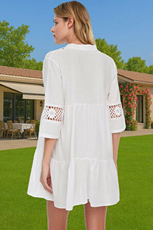Pamuklu Dantelli V Yaka Mini Yazlık Plaj Elbisesi Kadın Zarifane Tasarım Modern Stil Yüksek Kalite