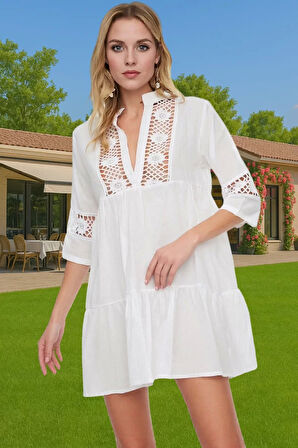 Pamuklu Dantelli V Yaka Mini Yazlık Plaj Elbisesi Kadın Zarifane Tasarım Modern Stil Yüksek Kalite