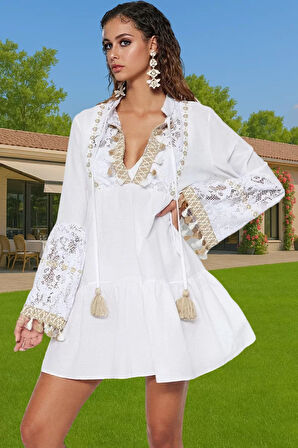 Pamuk Vual Dokuma Dantelli Püsküllü Mini Yazlık Elbise Rahat Ve Şık Modern Stil Yüksek Kalite