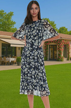 Polyester Midi Elbise Şifon Kumaş A Kesim Melek Kol Astarlı Zarifane Tasarım Trend Tasarım