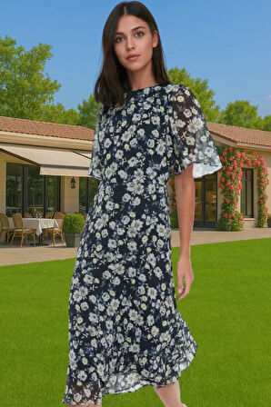 Polyester Midi Elbise Şifon Kumaş A Kesim Melek Kol Astarlı Zarifane Tasarım Trend Tasarım