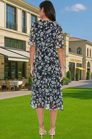 Polyester Midi Elbise Şifon Kumaş A Kesim Melek Kol Astarlı Zarifane Tasarım Trend Tasarım