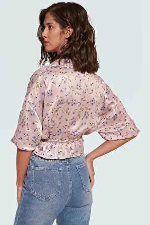 Feminen Dokuma Saten Bluz; Günlük Crop Çiçek Desenli; Gömlek Yaka Profesyonel Görünüm