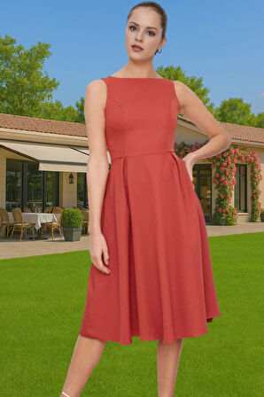 Kadın Bisiklet Yaka Kolsuz Midi Elastan Elbise Uzun Ömürlü Profesyonel Görünüm Zarifane Tasarım