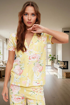 2'li Homewear Pamuklu Örme Pijama Takımı Çiçekli Desen Regular Kalıp Şık Görünüm