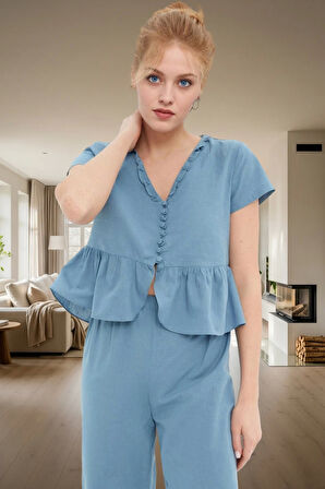 Rahat Viskoz Pijama Takımı Fırfırlı Detaylar V Yaka Boru Paça Regular Kalıp