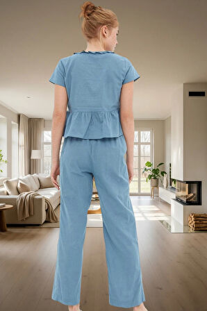 Rahat Viskoz Pijama Takımı Fırfırlı Detaylar V Yaka Boru Paça Regular Kalıp