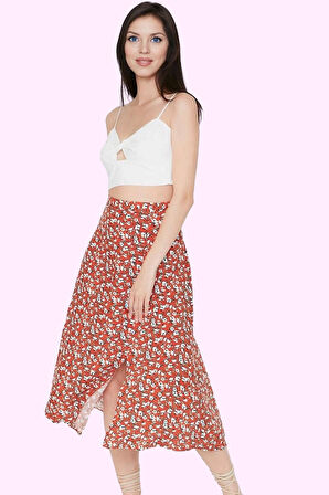 Kadın A line Midi Etek Dokuma Kumaş Viskoz Cepsiz Çiçek Desenli Günlük Yaz Aylarının Vazgeçilmezi