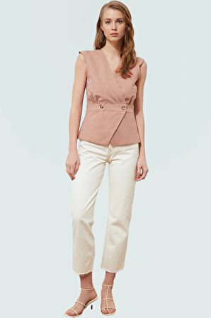 Yazlık Kolsuz Bluz Pamuklu Keten Görünümlü V Yaka Düğmeli Rahat Kesim Özenle Seçilmiş