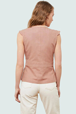 Yazlık Kolsuz Bluz Pamuklu Keten Görünümlü V Yaka Düğmeli Rahat Kesim Özenle Seçilmiş