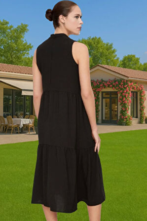 Kadın Yazlık Midi Elbise Nefes Alan Polyester Dokuma Kumaş Rahat Trend Tasarım Modern Stil