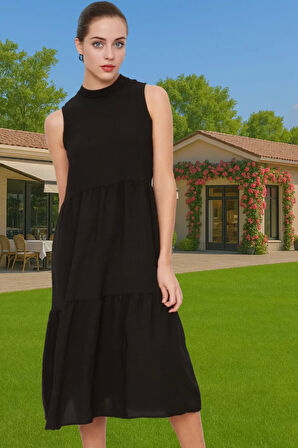 Kadın Yazlık Midi Elbise Nefes Alan Polyester Dokuma Kumaş Rahat Trend Tasarım Modern Stil