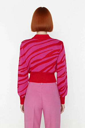 Kadın Basic Regular Kalıp Zebra Desenli Dik Yaka Crop Triko Kazak Günlük Giyimde İddialı Kaliteli