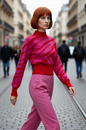 Kadın Basic Regular Kalıp Zebra Desenli Dik Yaka Crop Triko Kazak Günlük Giyimde İddialı Kaliteli