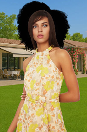 Yazlık Çiçekli A Kesim Bel Kuşaklı Midi Dokuma Elbise Modern Stil Özenle Seçilmiş Seçkin Malzeme