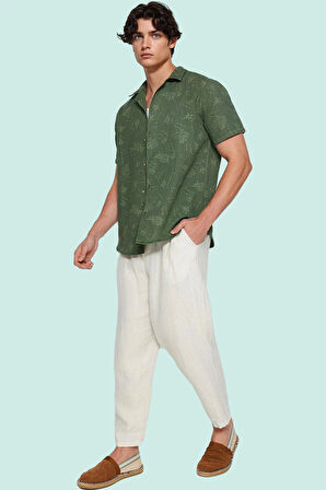 Yazlık Erkek Gömleği Pamuk Apaş Yaka Tropikal Desen Kısa Kol Regular Fit Dayanıklı Malzeme