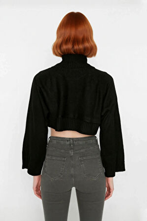 Kadın Ekru Oversize Süper Crop Dik Yaka Triko Kazak Düşük Kol Kışlık Güncel Moda Trendi Kaliteli