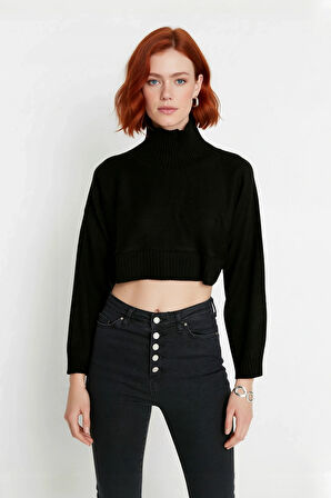 Kadın Ekru Oversize Süper Crop Dik Yaka Triko Kazak Düşük Kol Kışlık Güncel Moda Trendi Kaliteli