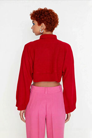 Kadın Ekru Oversize Süper Crop Dik Yaka Triko Kazak Düşük Kol Kışlık Güncel Moda Trendi Kaliteli