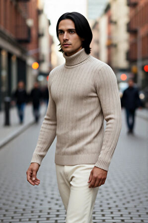 Erkek Fitted Balıkçı Yaka Triko Kazak Uzun Kollu Basic Tasarım Soğuk Günler İçin İdeal Konfor