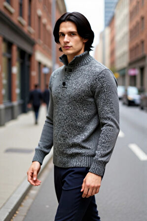 Erkek Gri Kalın Triko Düğmeli Dik Yaka Kazak Casual Ortamlar İçin Konforlu ve Şık Tasarım Kaliteli