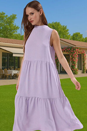 Kadın Yazlık Midi Elbise Nefes Alan Polyester Dokuma Kumaş Rahat Trend Tasarım Modern Stil