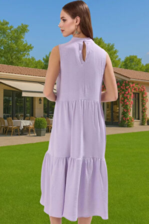 Kadın Yazlık Midi Elbise Nefes Alan Polyester Dokuma Kumaş Rahat Trend Tasarım Modern Stil