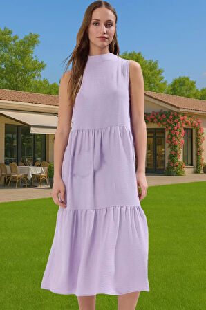 Kadın Yazlık Midi Elbise Nefes Alan Polyester Dokuma Kumaş Rahat Trend Tasarım Modern Stil