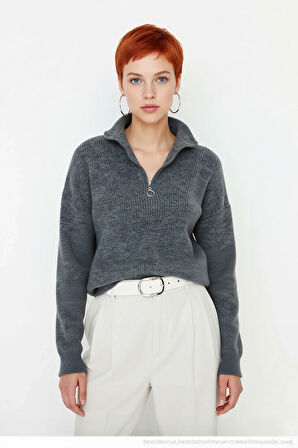 Kadın Oversize Rahat Kesim Düşük Kol Fermuarlı Dik Yaka Triko Selanik Örgü Uzun Kollu Kazak