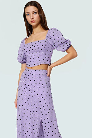 Viskoz Dokuma Puantiyeli Bluz Etek Takım Midi Boy Yırtmaçlı Uzun Ömürlü Dayanıklı Malzeme