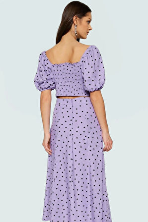 Viskoz Dokuma Puantiyeli Bluz Etek Takım Midi Boy Yırtmaçlı Uzun Ömürlü Dayanıklı Malzeme