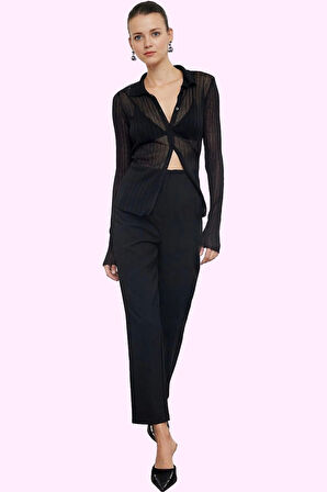 Kadın Polyester Elastan Dokuma Pantolon Yüksek Bel Cigarette Kalıp Tüm Sezonlar Günlük Kullanım