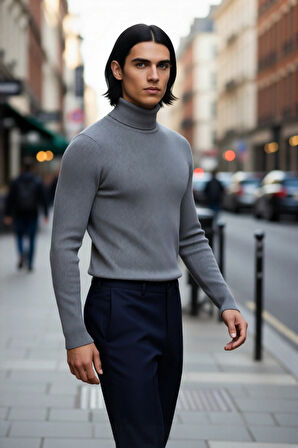 Erkek Fitted Balıkçı Yaka Fitilli Pamuklu Kışlık Kazak Soğuk Havalarda Tarz Sahibi Görünüm Sağlar