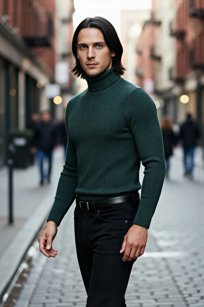 Erkek Fitted Balıkçı Yaka Fitilli Pamuklu Kışlık Kazak Soğuk Havalarda Tarz Sahibi Görünüm Sağlar