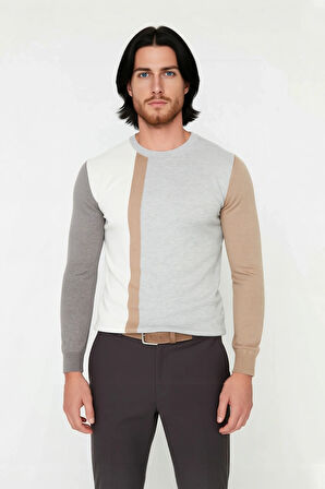 Erkekler İçin Casual Günlük Giyim Bisiklet Yaka Renk Bloklu Fitted Kalıp Uzun Kollu Kazak Kaliteli