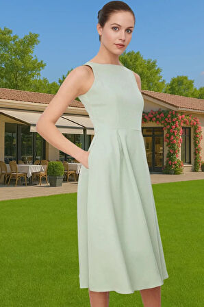 Kadın Bisiklet Yaka Kolsuz Midi Elastan Elbise Uzun Ömürlü Profesyonel Görünüm Zarifane Tasarım