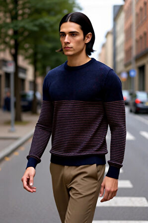 Erkek Uzun Kol Bisiklet Yaka Çizgili Triko Kazak Soğuk Havalarda Şıklık ve Konfor Sunar Kaliteli