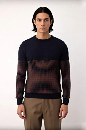 Erkek Uzun Kol Bisiklet Yaka Çizgili Triko Kazak Soğuk Havalarda Şıklık ve Konfor Sunar Kaliteli