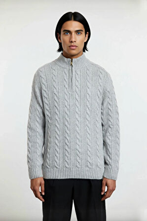 Unisex Modern Regular Fit Fermuarlı Saç Örgü Kalın Triko Kazak Soğuk Günlerde Sıcaklık Ve Stil