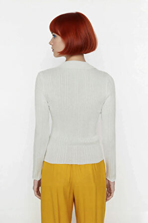 Kadın Basic Siluet Fitted Kesim Fitilli Dokulu Polo Yaka Triko Kazak Günlük Kullanım Kaliteli