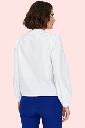 Kadın Uzun Kollu Pamuklu Gömlek Regular Kalıp Düz Desen Bebe Yaka İş ve Günlük Stil Hafta Sonu